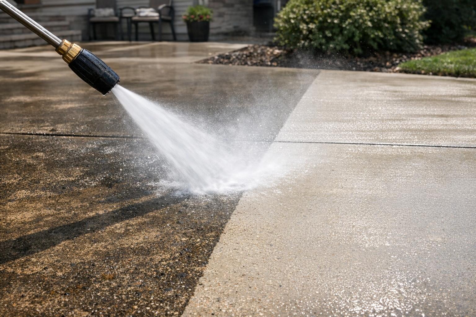 Pressure wash de una entrada de concreto dejando una franja limpia frente a la suciedad